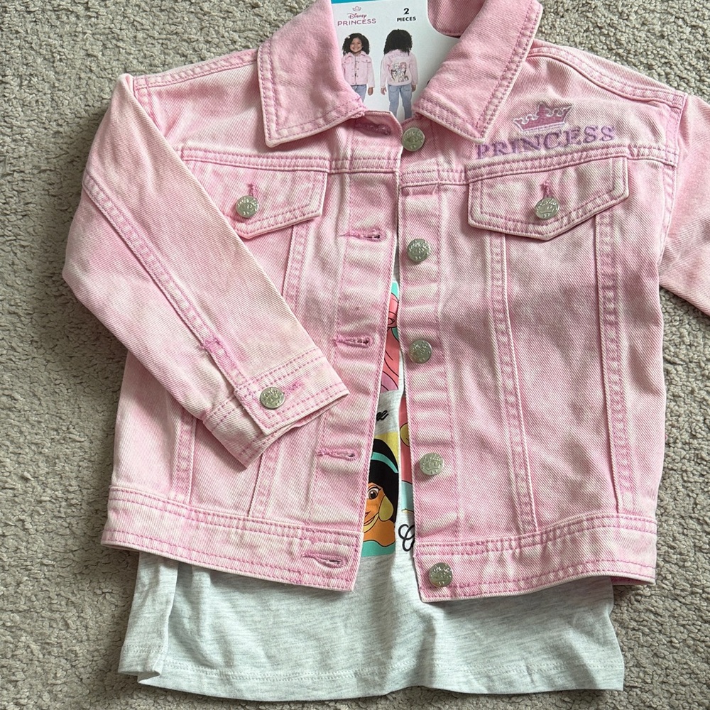 Disney Princess Pink denim Jacket for Kids with Disney tee shirt - 2 piece